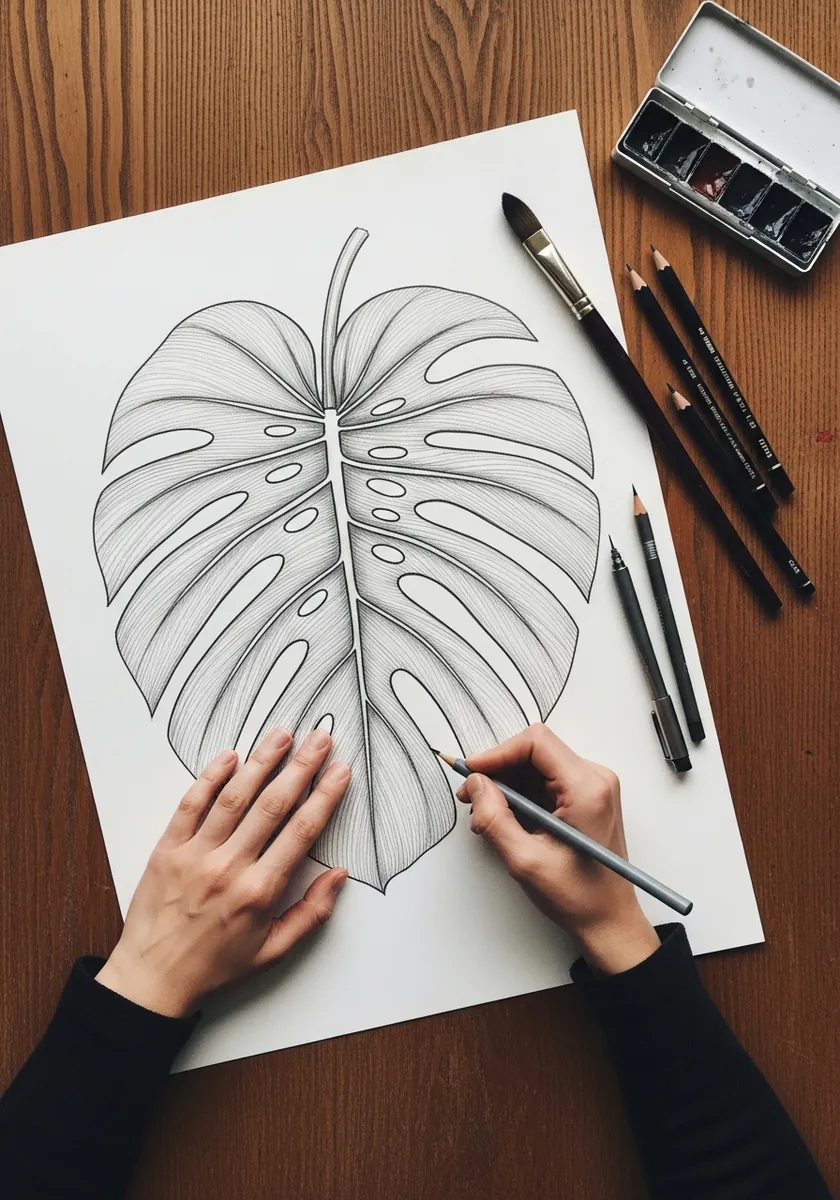 Clean pencil line drawing of a large monstera leaf with detailed veins