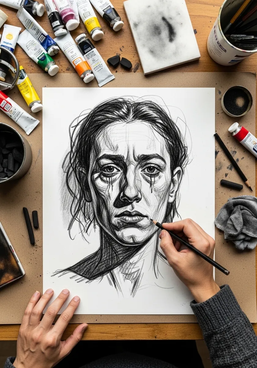 Loose charcoal portrait of a woman with dramatic dark shadows