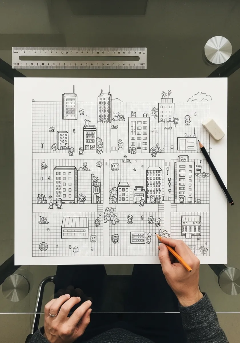 Fine line doodle city of small buildings drawn on a light grid