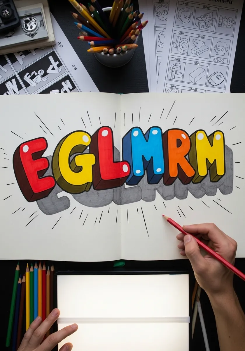 Bold comic style letters in red yellow and blue with radiating speed lines