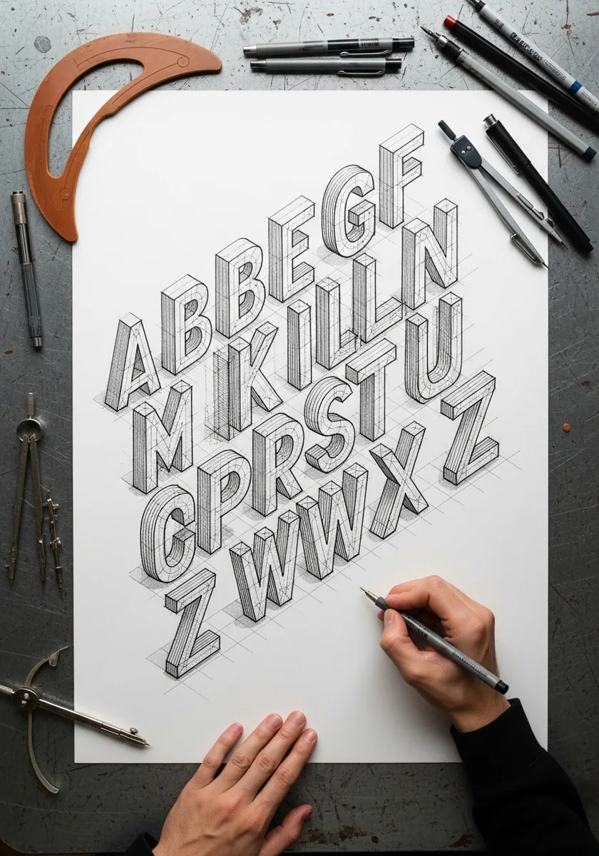 Isometric pencil alphabet drawn on a visible construction grid with a compass