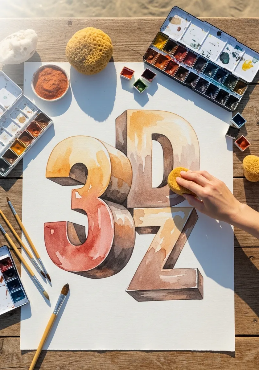 Large watercolor numerals in sandy peach and terracotta with soft shading