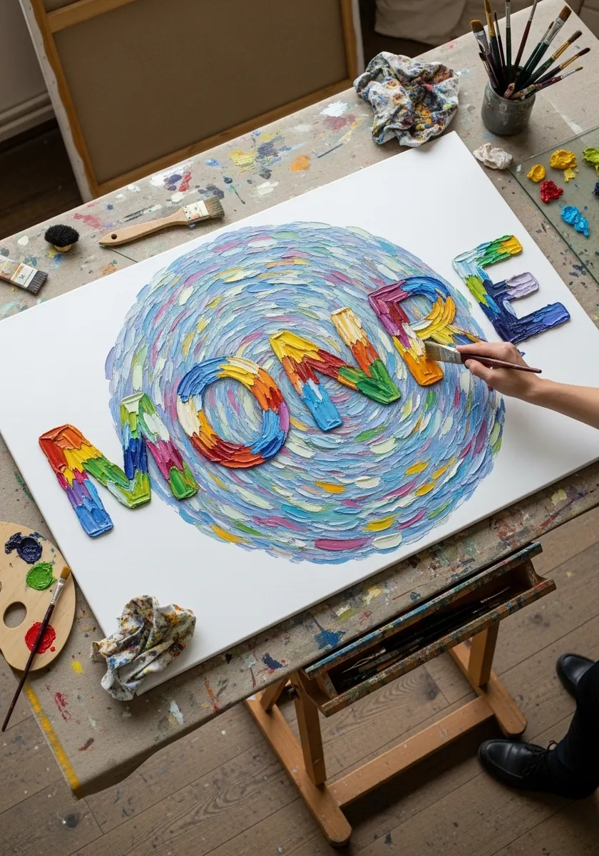 Colorful thick paint letters sitting on a swirled rainbow impasto background