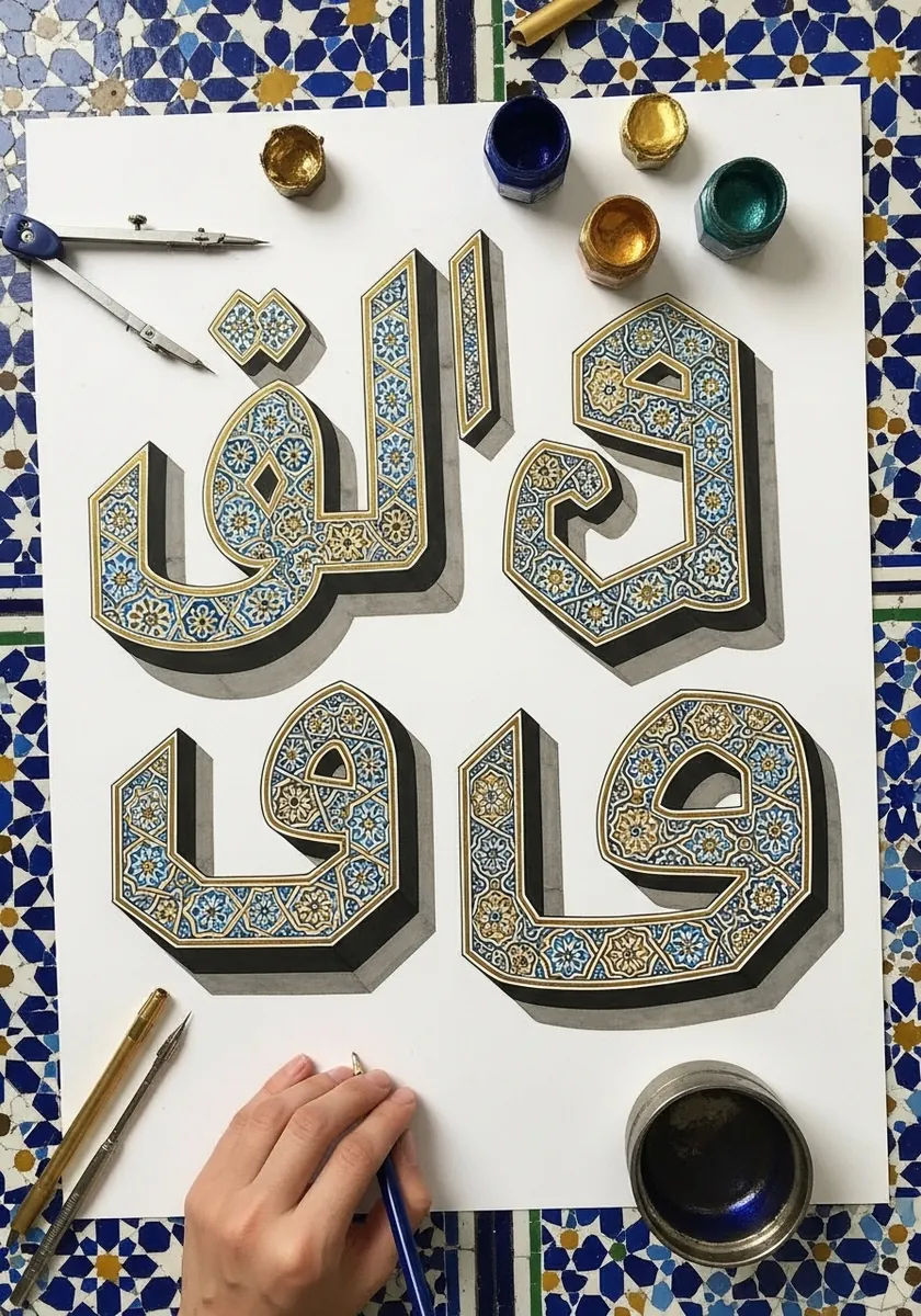 Geometric Arabic style calligraphy in blue and gold with intricate ornament