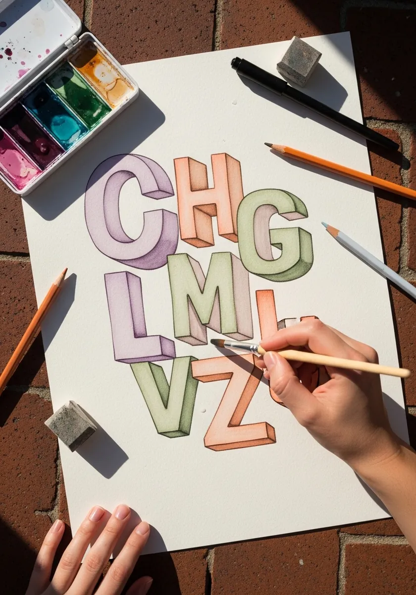 Soft pastel alphabet in lilac peach and sage with flat angled side faces