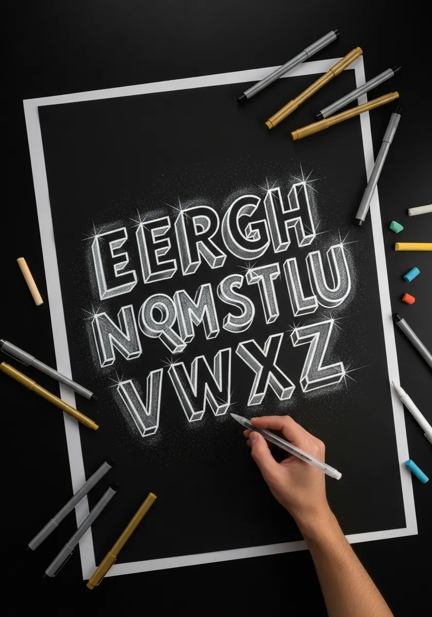 White chalk style alphabet with drop shadows drawn on a black background
