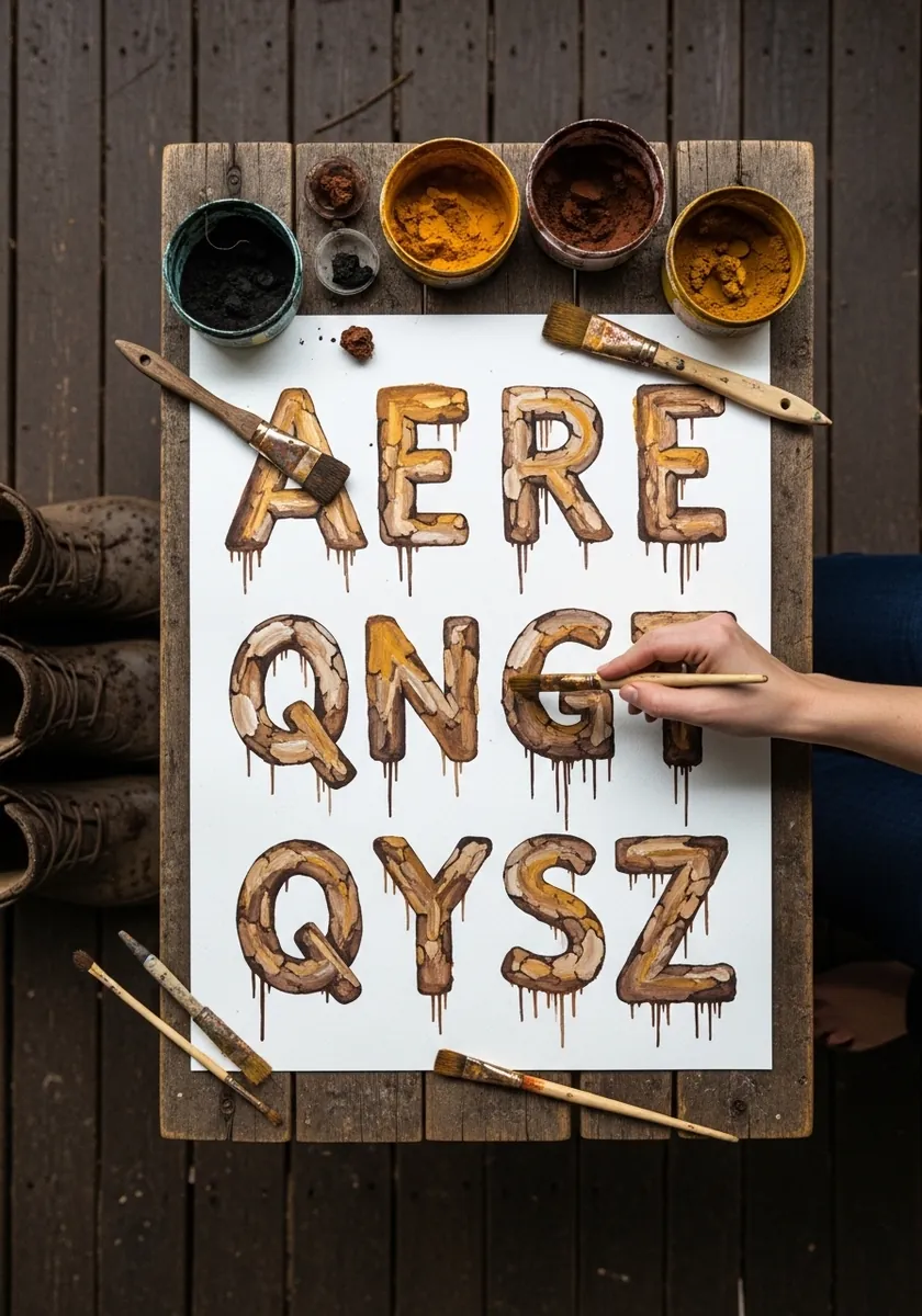 Rusted gold and brown alphabet with paint drips running down each letter