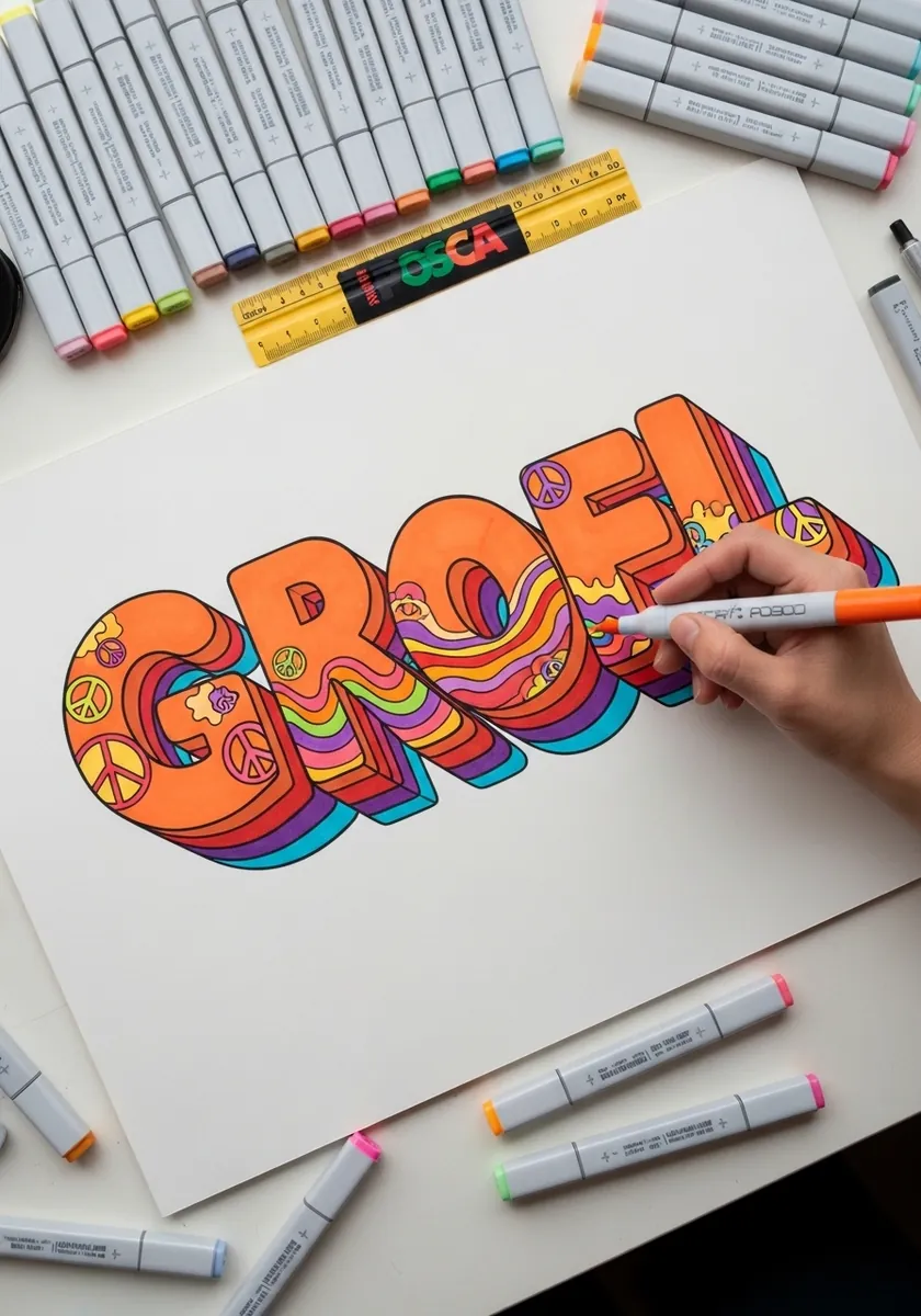 Retro seventies bubble letters filled with rainbow stripes and peace symbols