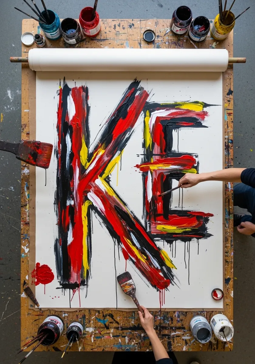 Large abstract letterforms painted in bold red black and yellow brush strokes