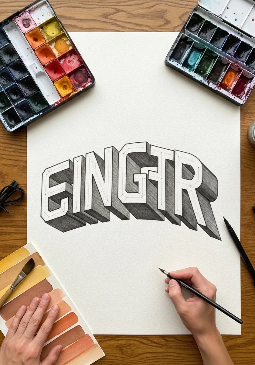 Graphite block letters arranged on a curved arc with heavy side extrusion