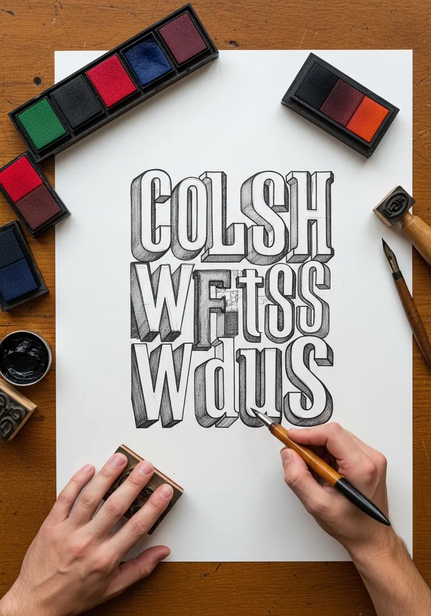 Stacked serif words in graphite with fine hatched shading on the side faces