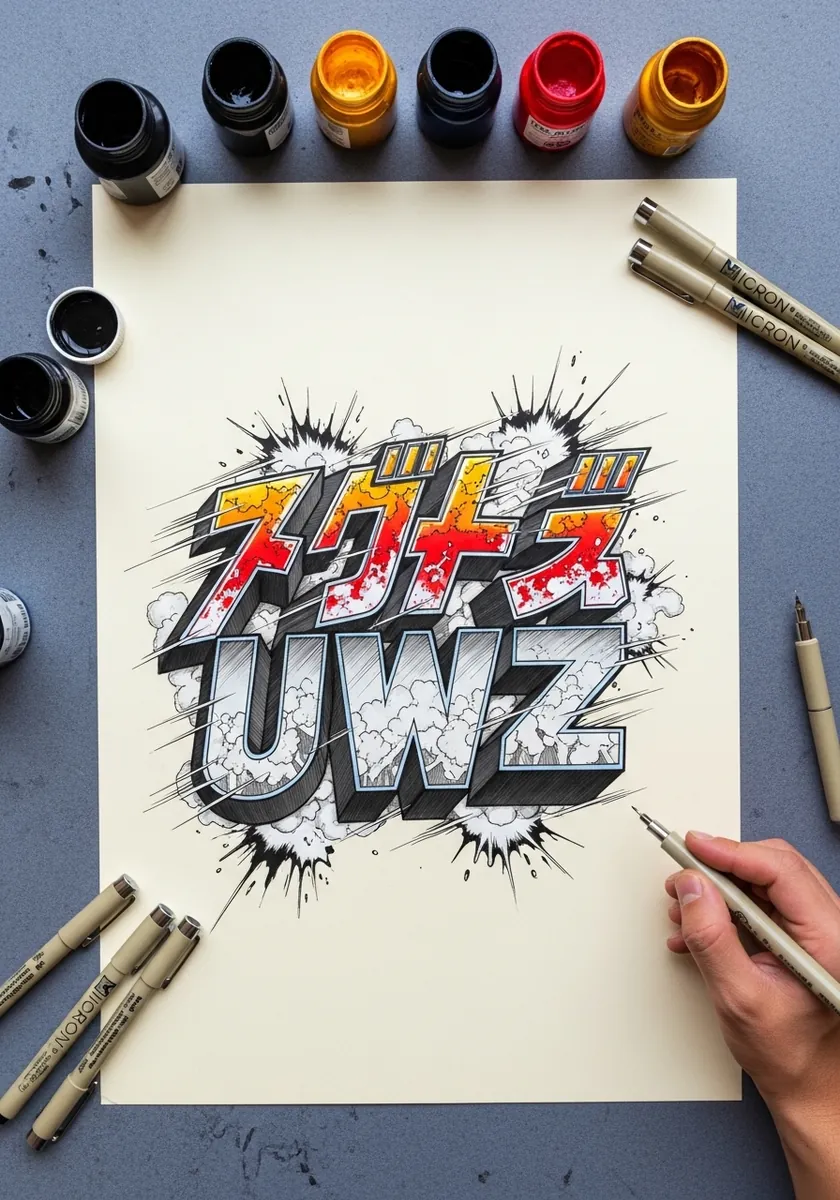 Manga style impact lettering with orange bursts and dramatic speed lines