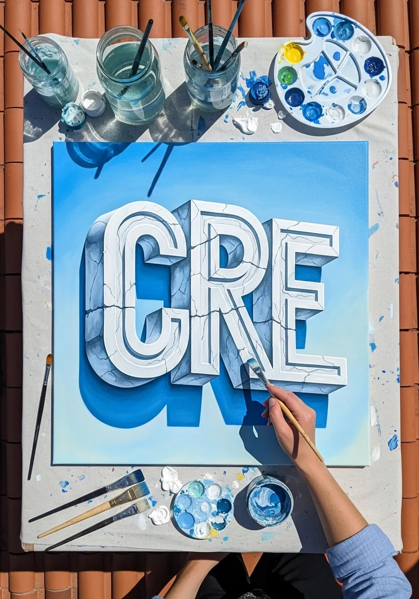 Chunky white marble style letters with veining on a soft blue background