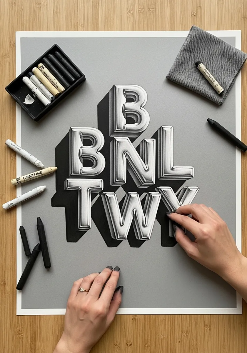 Bold white outlined sans serif letters with black shadows on gray paper