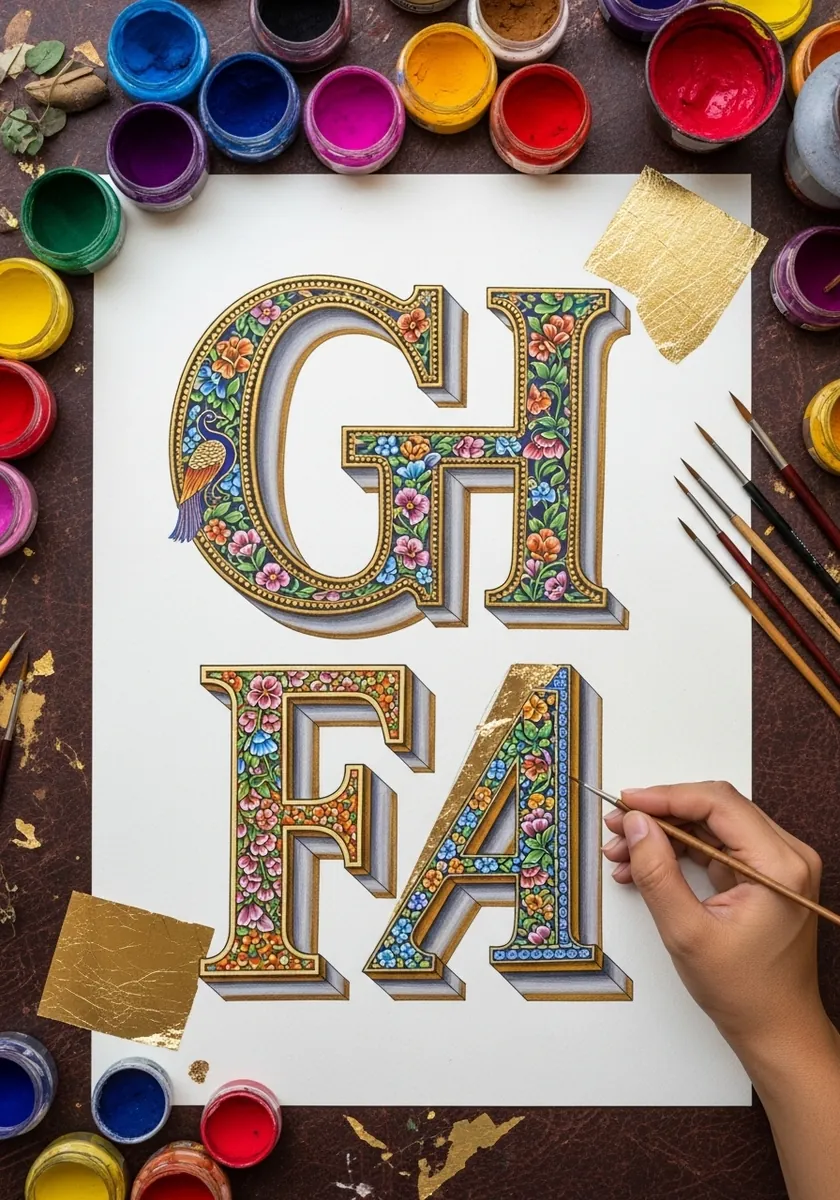 Ornate illuminated capitals with floral pattern and gold leaf detailing