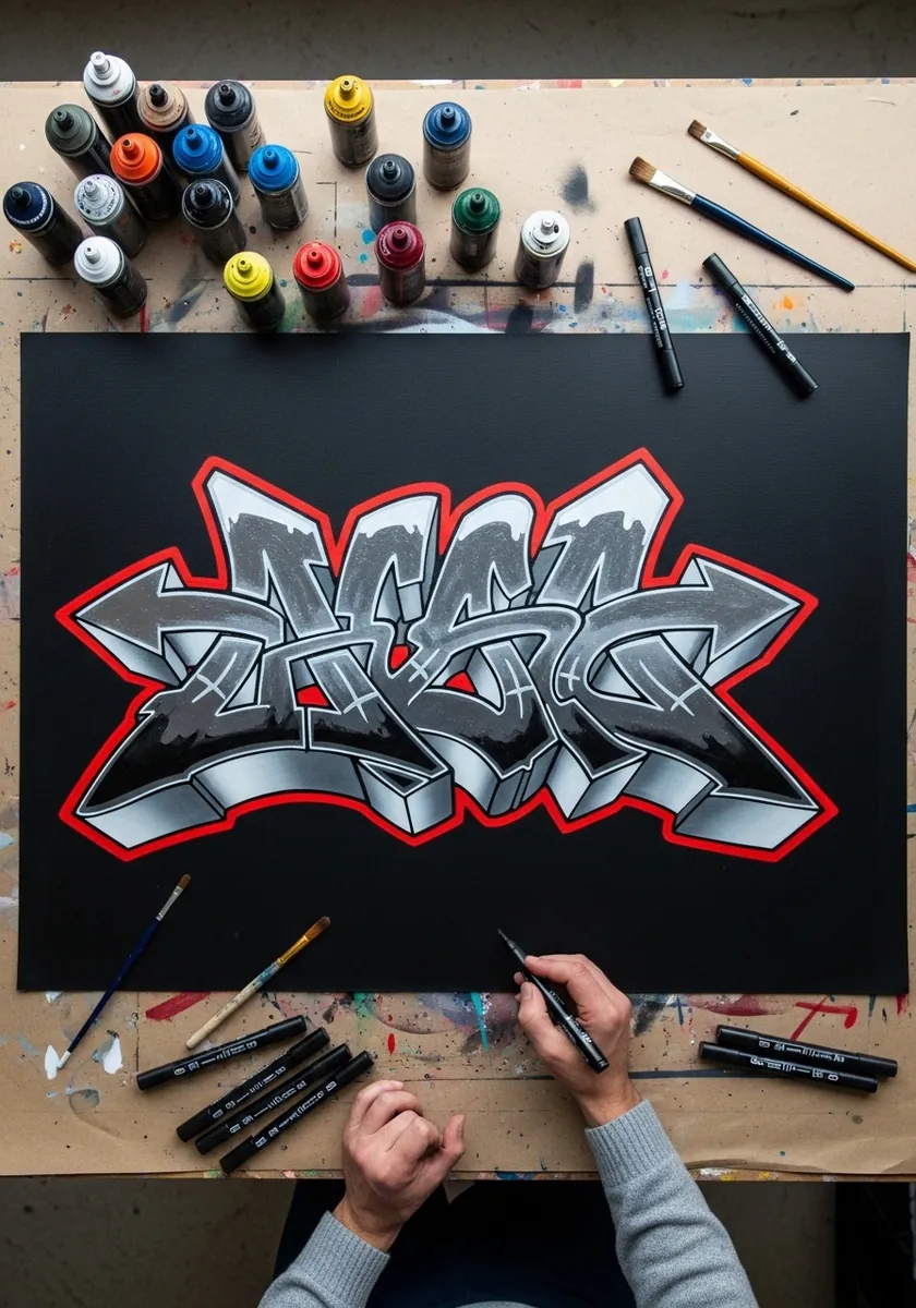 Interlocking silver wildstyle graffiti letters with a red outline on black