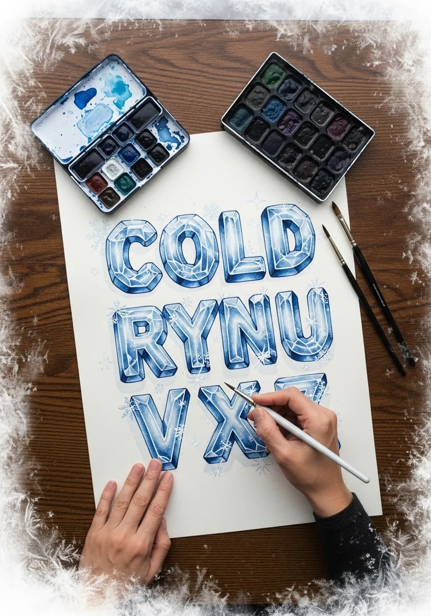Icy blue watercolor alphabet with frost texture and internal cracks