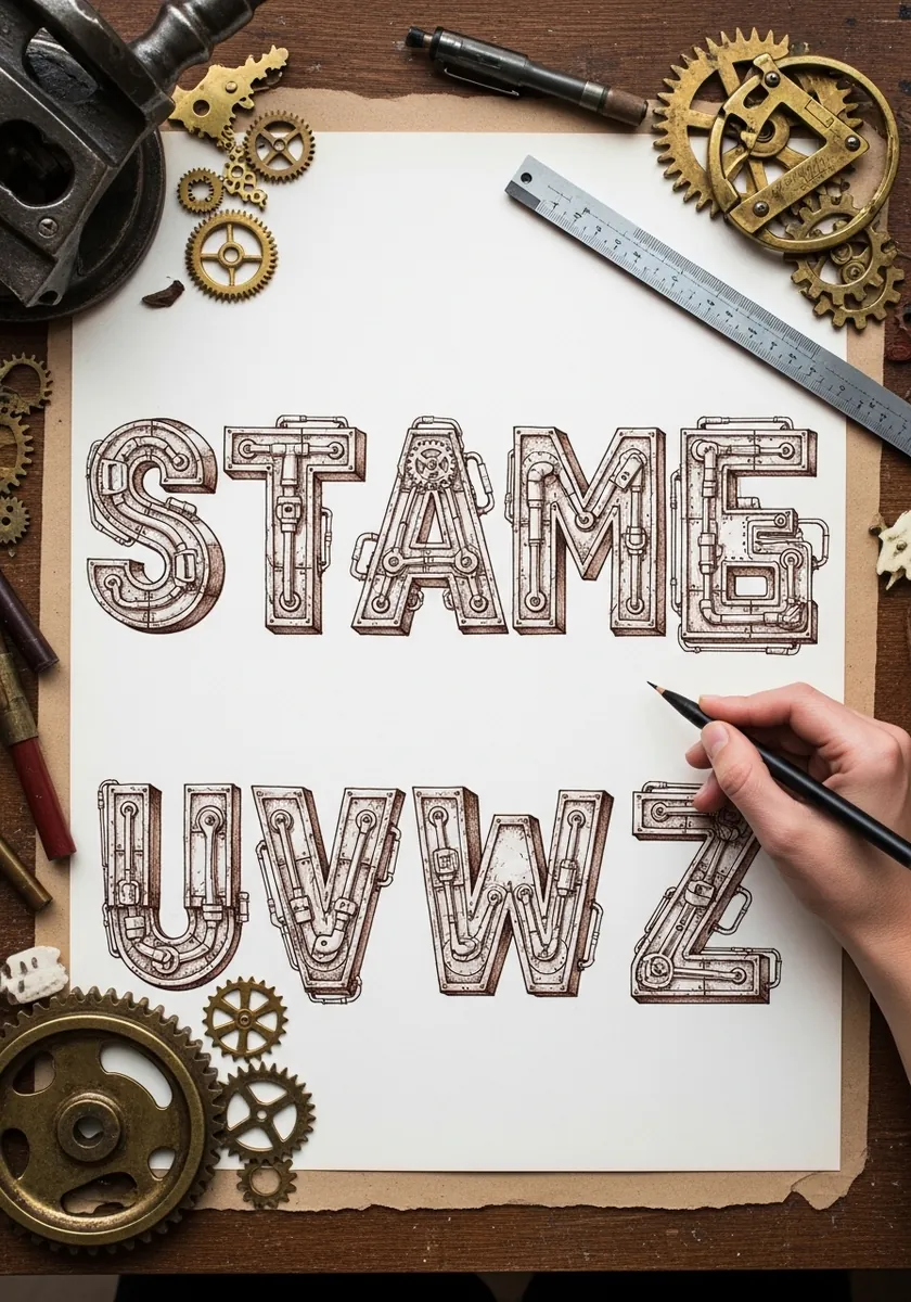 Fine ink steampunk alphabet built from pipes rivets and small gears