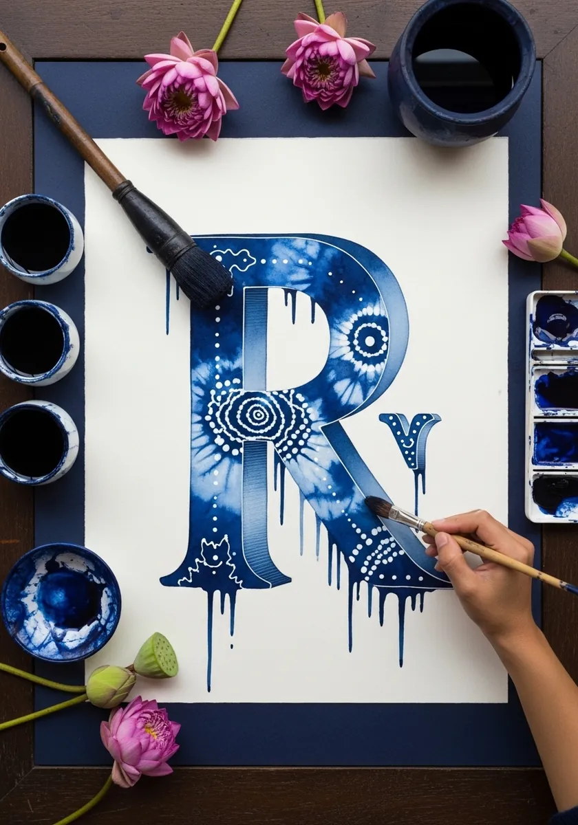 Large indigo blue decorative letter with white pattern and paint drips