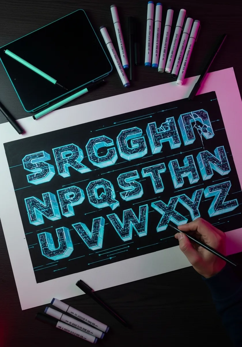 Cyan glitch effect alphabet with offset scan lines on black paper