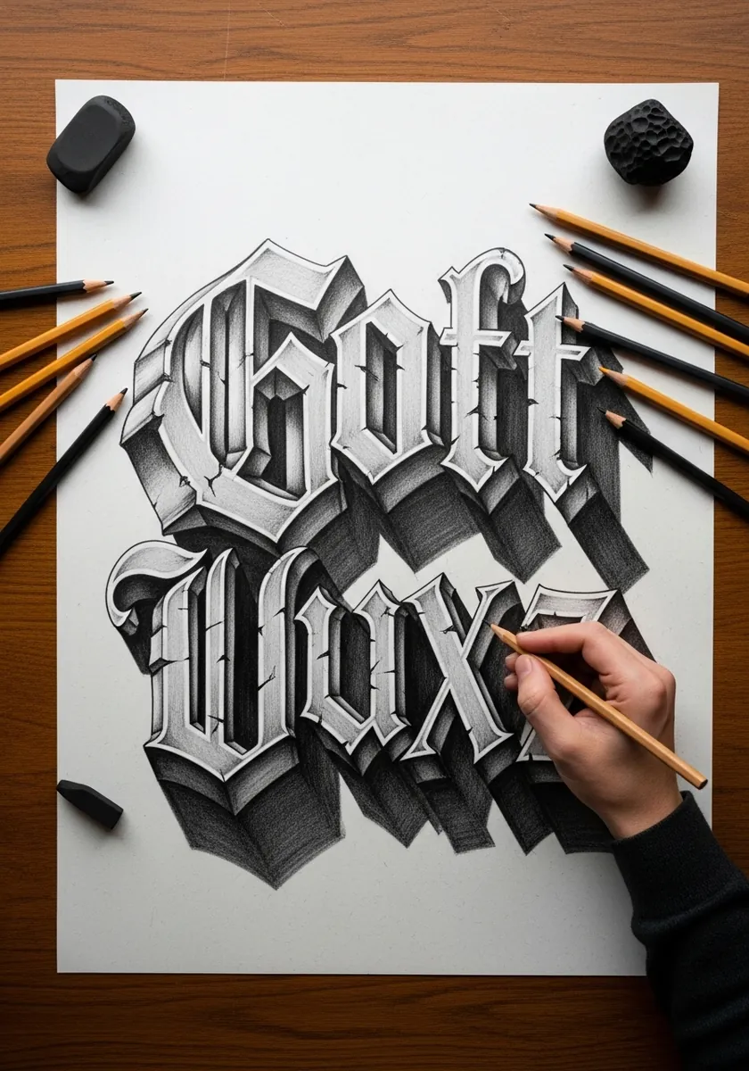 Ornate gothic blackletter capitals in graphite with deep shaded extrusion