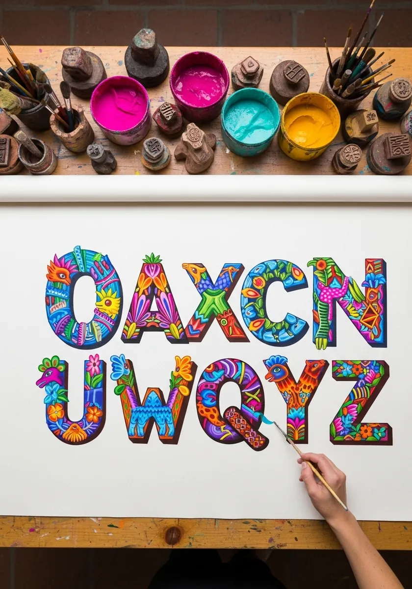 Colorful folk art alphabet filled with bright geometric and floral patterns
