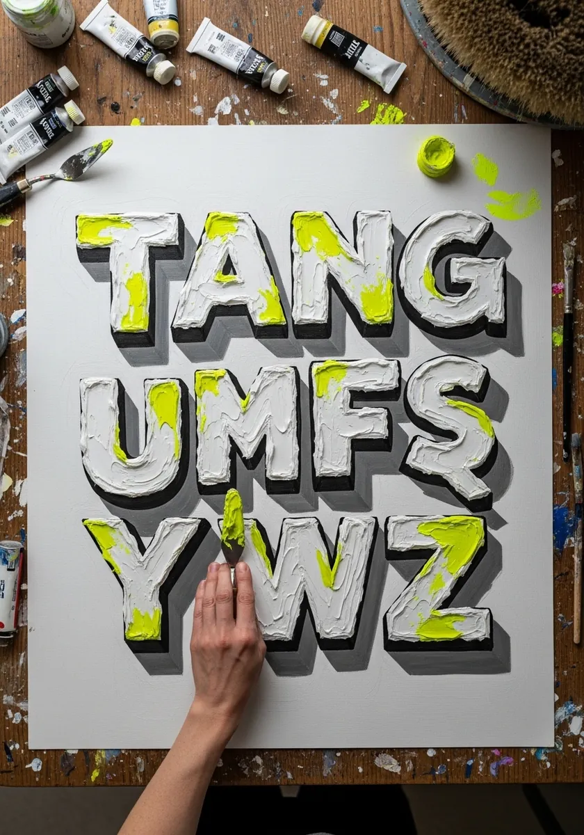 Chunky alphabet painted in thick white and neon yellow impasto acrylic