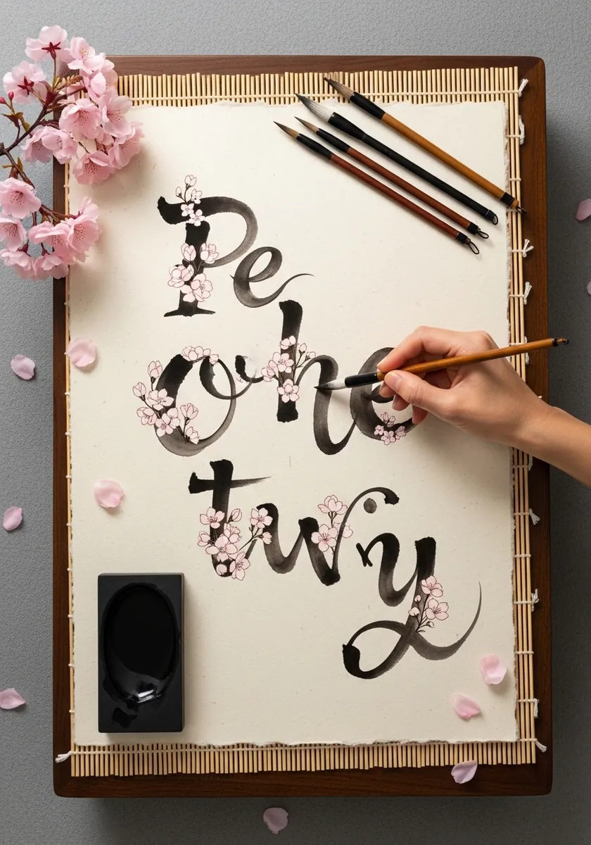 Flowing black brush ink script decorated with small pink cherry blossoms