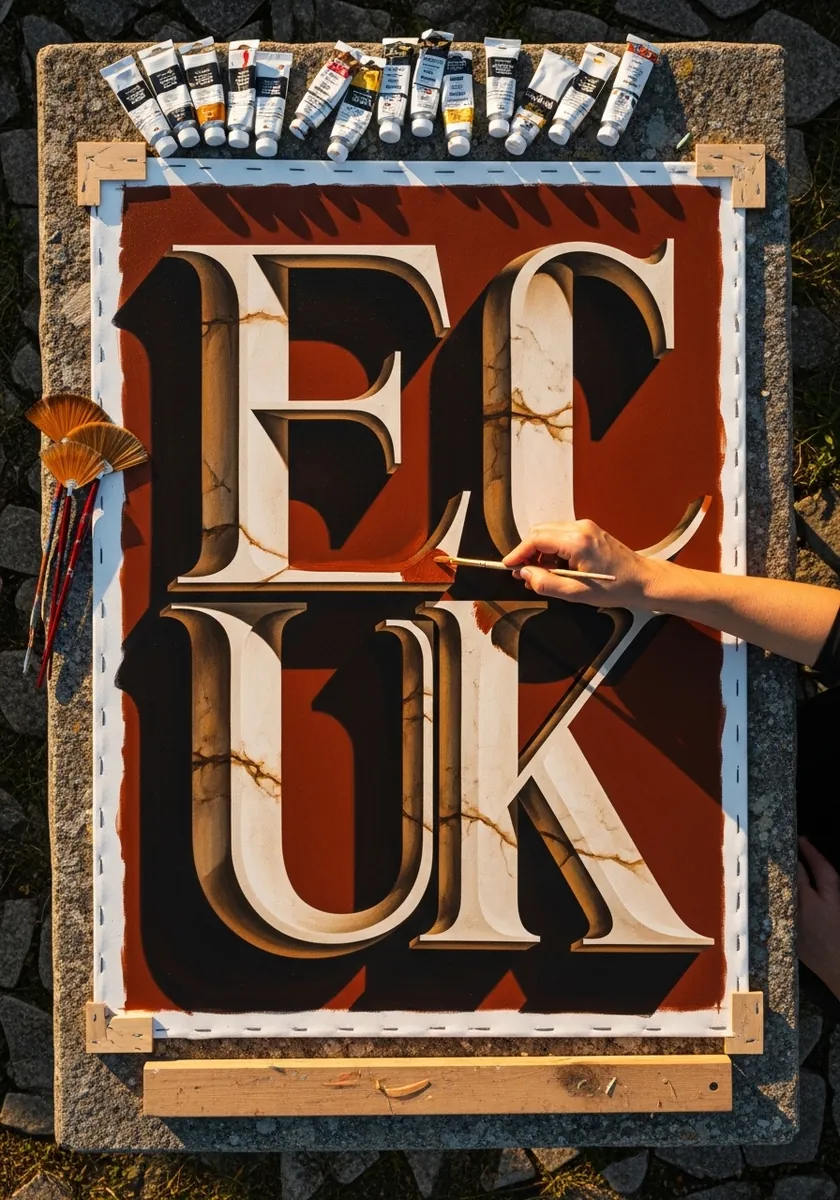 Ornate cream serif letters carved into a deep red panel with gold cracks