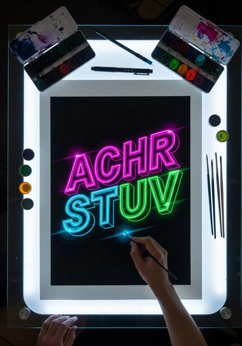 Glowing neon tube alphabet in pink blue and green on black paper