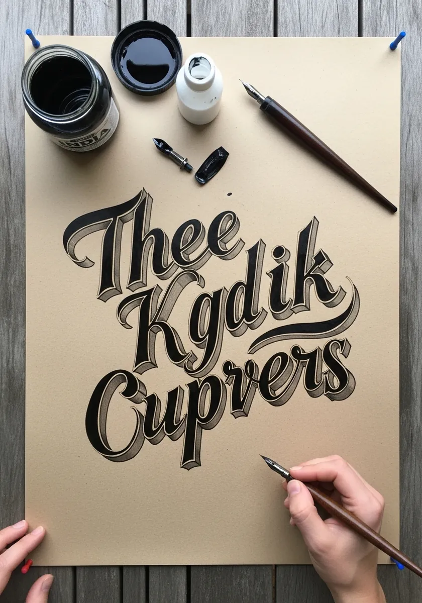 Ornate vintage black script lettering with shadow on kraft colored paper