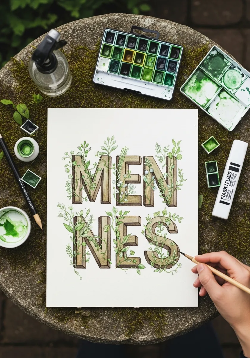 Green watercolor letters entwined with small leaves and botanical sprigs