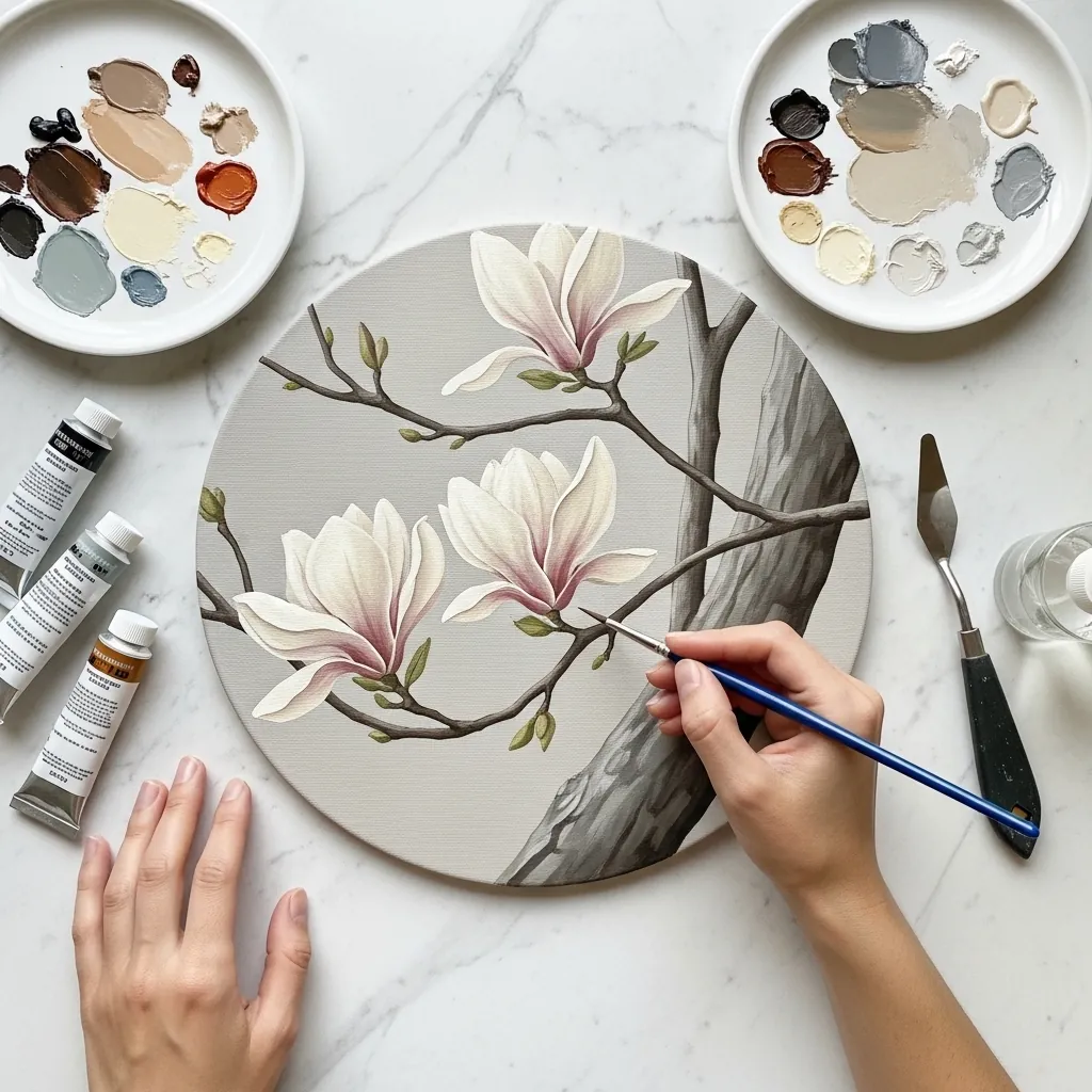 Acrylic magnolia branch painted on a round canvas in soft gray and cream tones