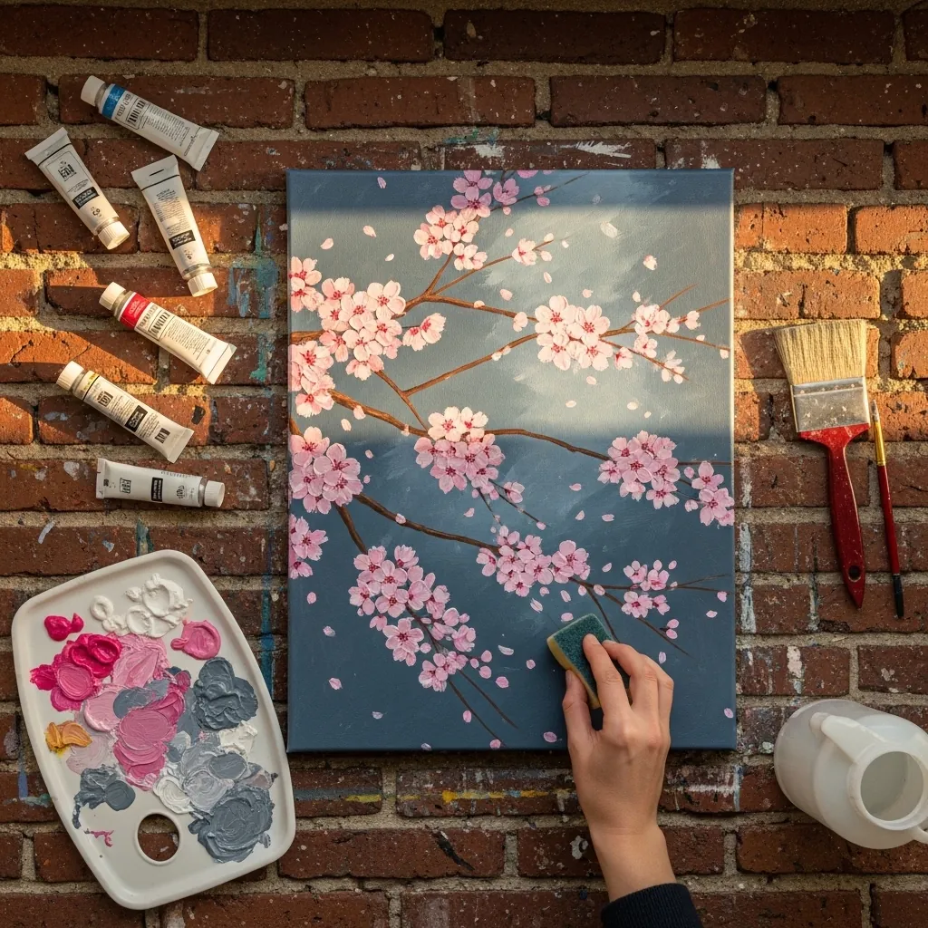 Acrylic cherry blossom branches with pale pink flowers on a soft gray background