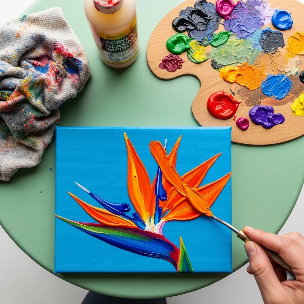 Bold acrylic bird of paradise flower in orange and blue on a bright blue canvas