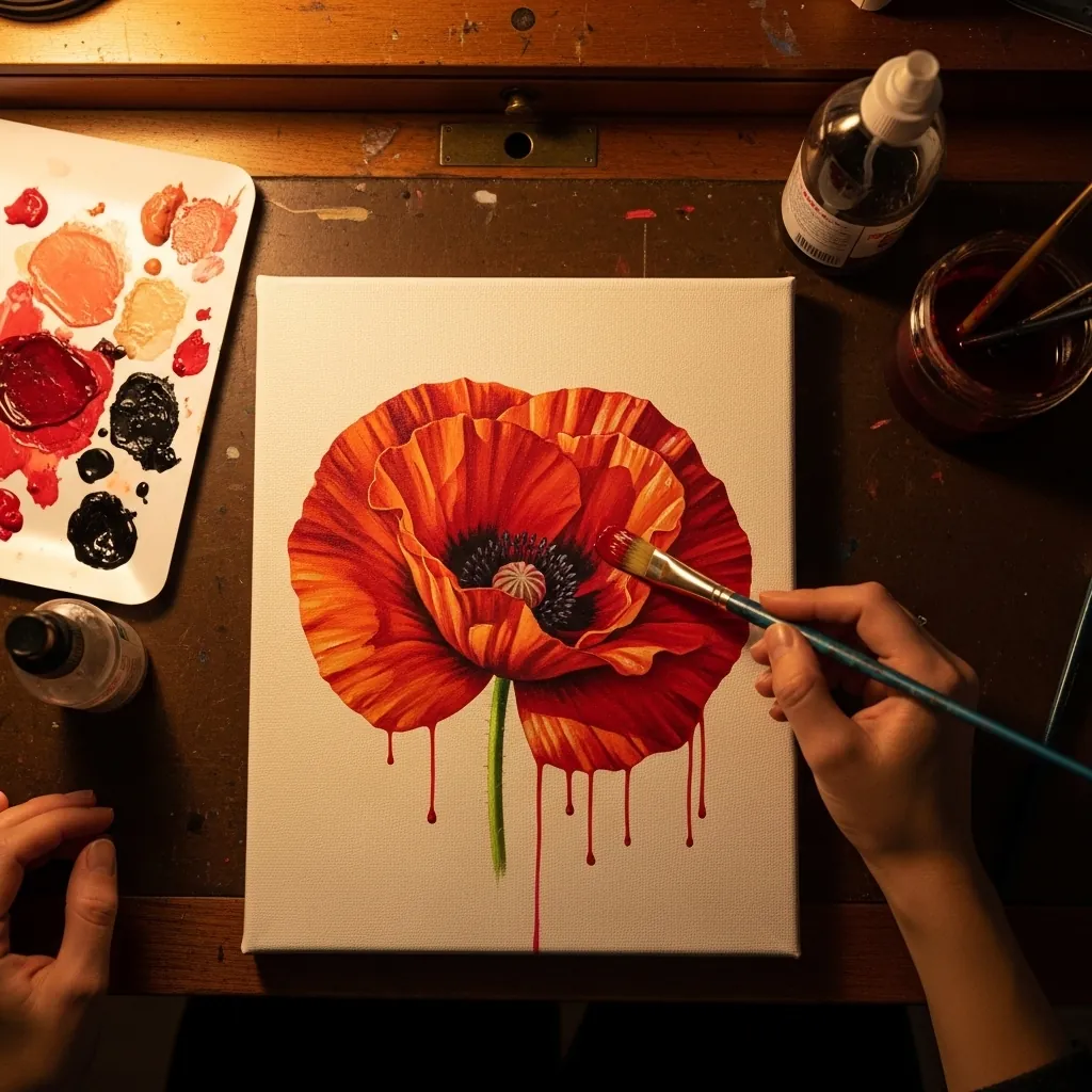 Large red acrylic poppy with paint drips running down the canvas below it