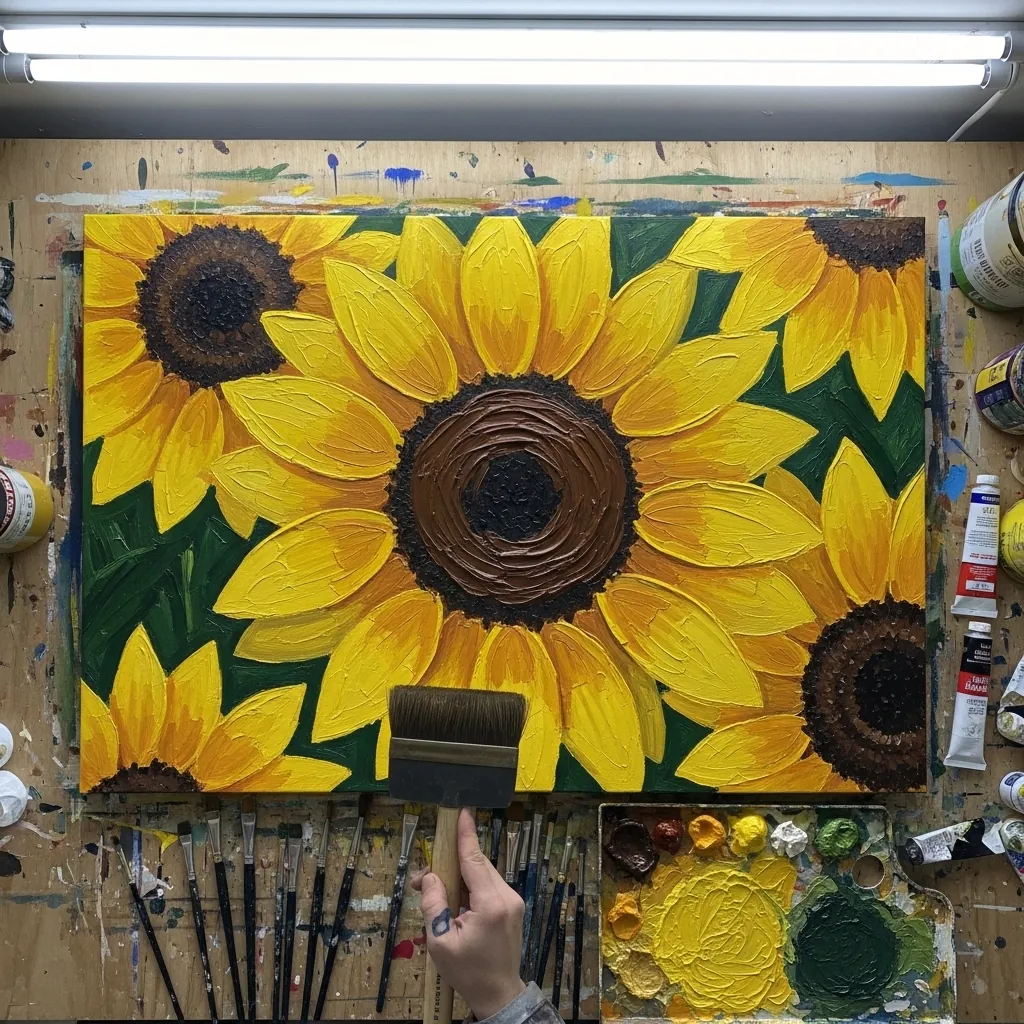 Close-up acrylic painting of large sunflowers filling the entire canvas edge to edge