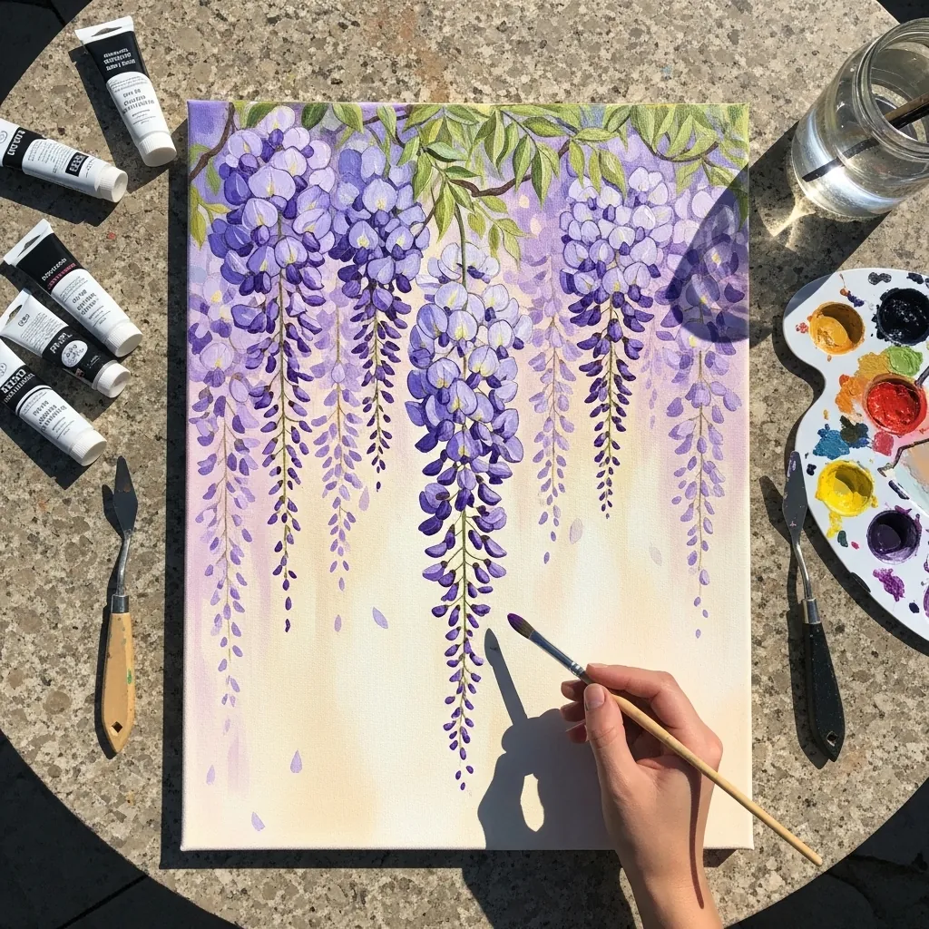 Acrylic painting of purple wisteria racemes hanging down against a pale background
