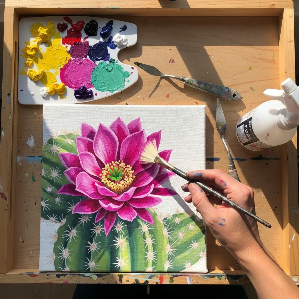 Bright pink flower blooming on a green cactus painted in acrylic