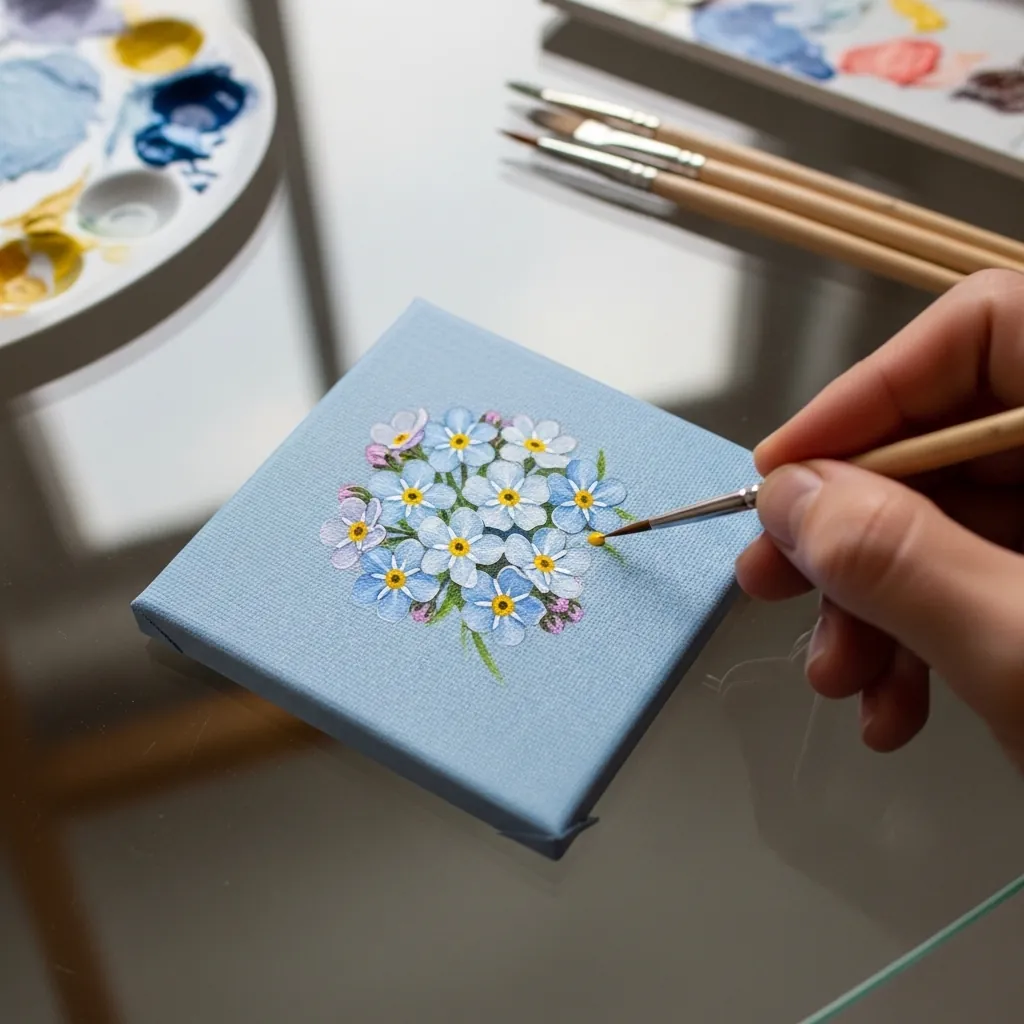 Small blue canvas painted with tiny delicate white and yellow flowers