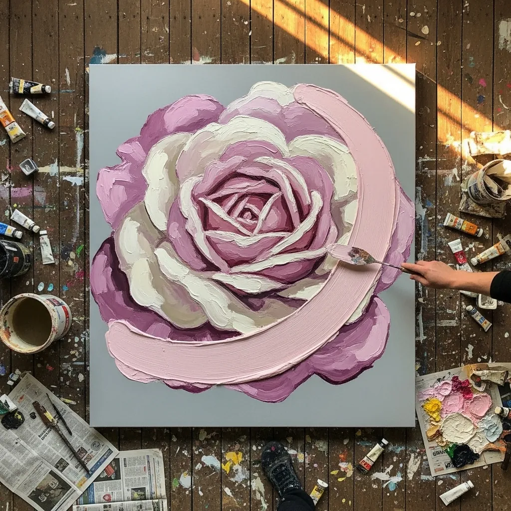 Thick impasto pink rose painted entirely with a palette knife on gray canvas