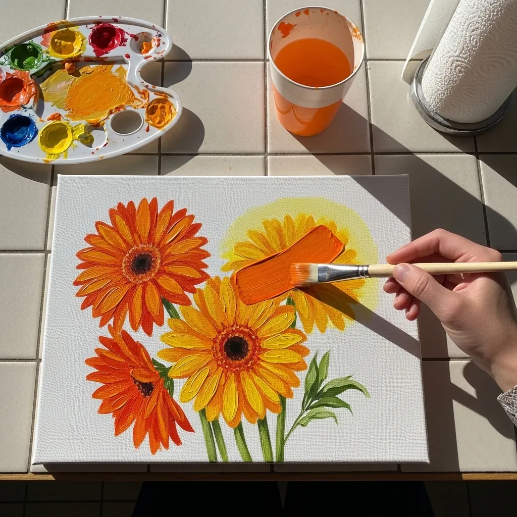 Bright orange and yellow gerbera daisies painted in acrylic with a knife stripe