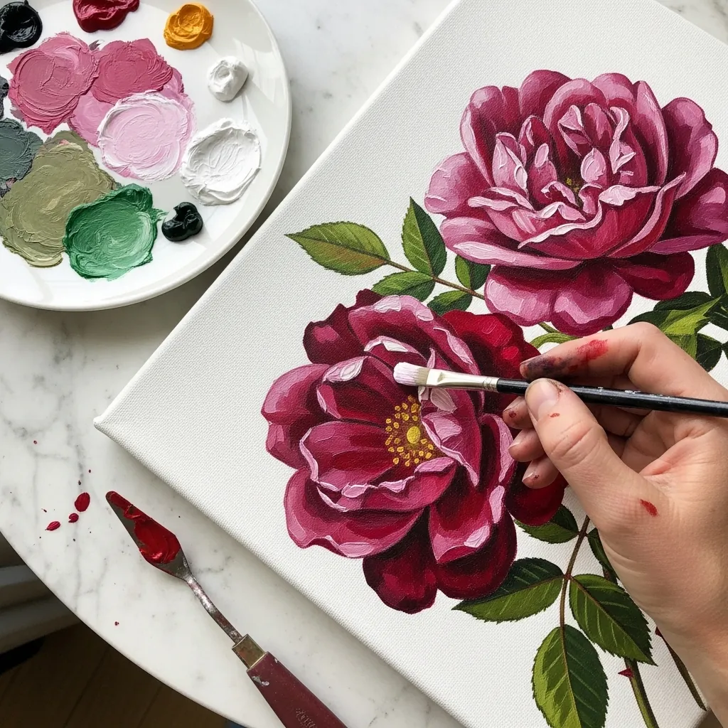 Detailed acrylic painting of deep pink and burgundy peonies with green foliage