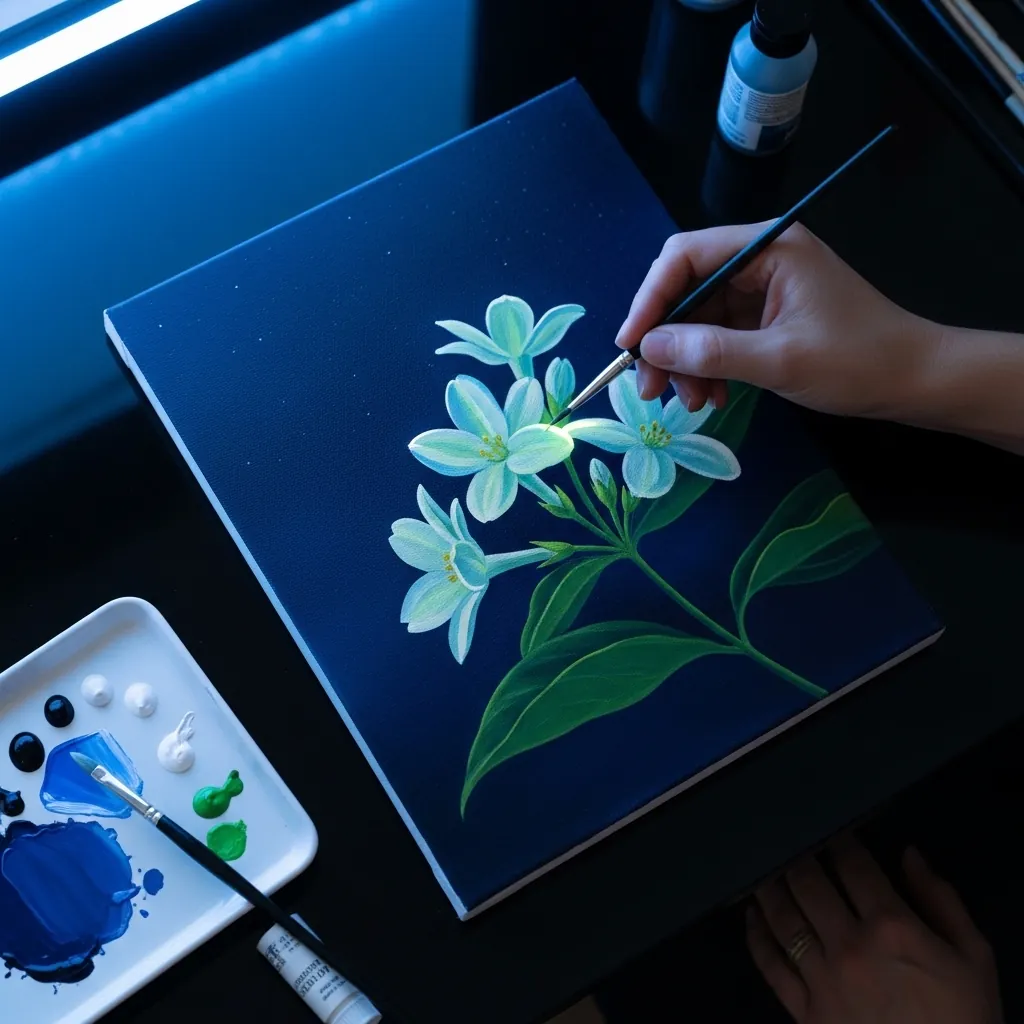 Delicate pale blue and white flowers painted on a deep navy blue canvas
