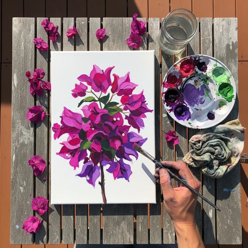 Vivid magenta bougainvillea flowers painted in acrylic on white canvas