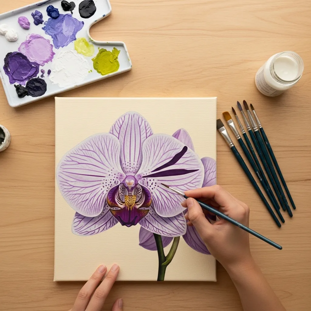 Detailed acrylic painting of a purple and white orchid on a cream background