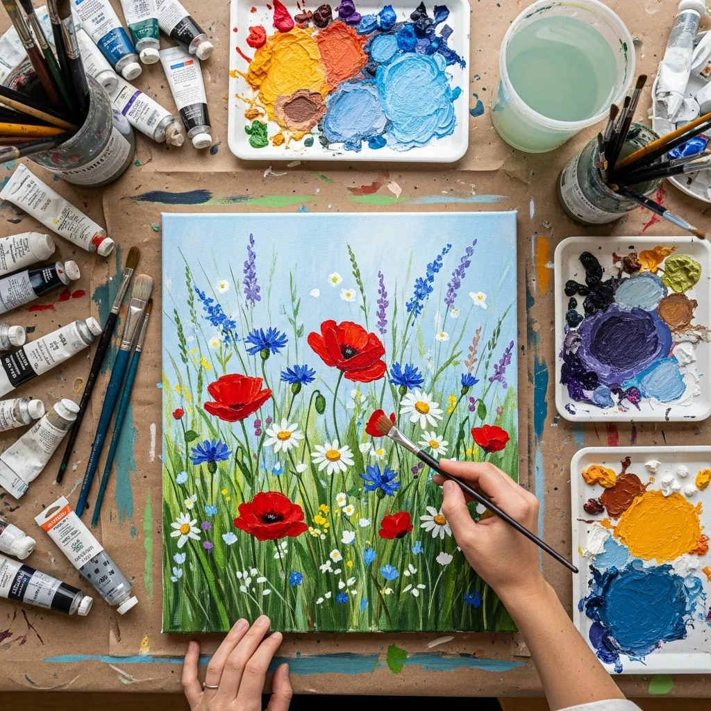 Acrylic meadow with red poppies, cornflowers and daisies among tall grasses
