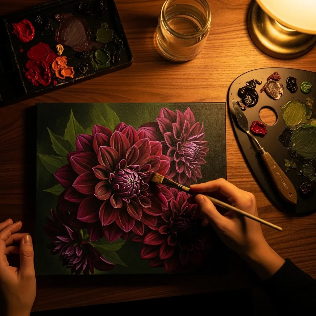 Rich burgundy dahlia painted in acrylic against a very dark green background