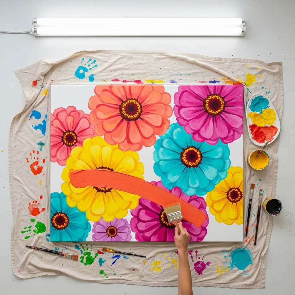 Bold flat acrylic flowers in pink, yellow and teal on a large stretched canvas