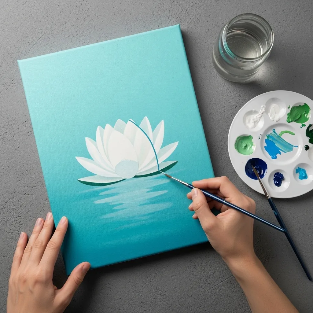 Minimal white lotus flower painted on a smooth teal blue background